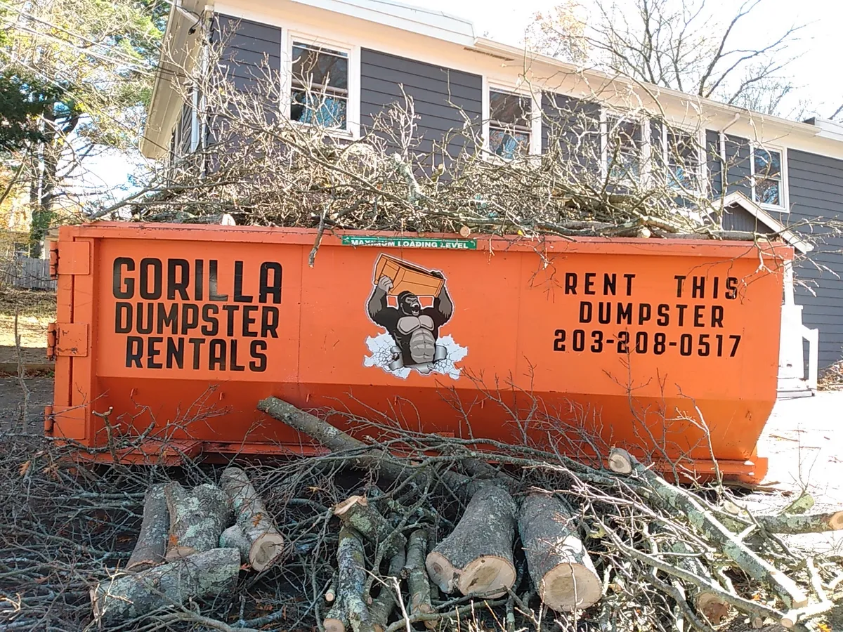 Overloaded 20 yard dumpster rental with red suitcase on top