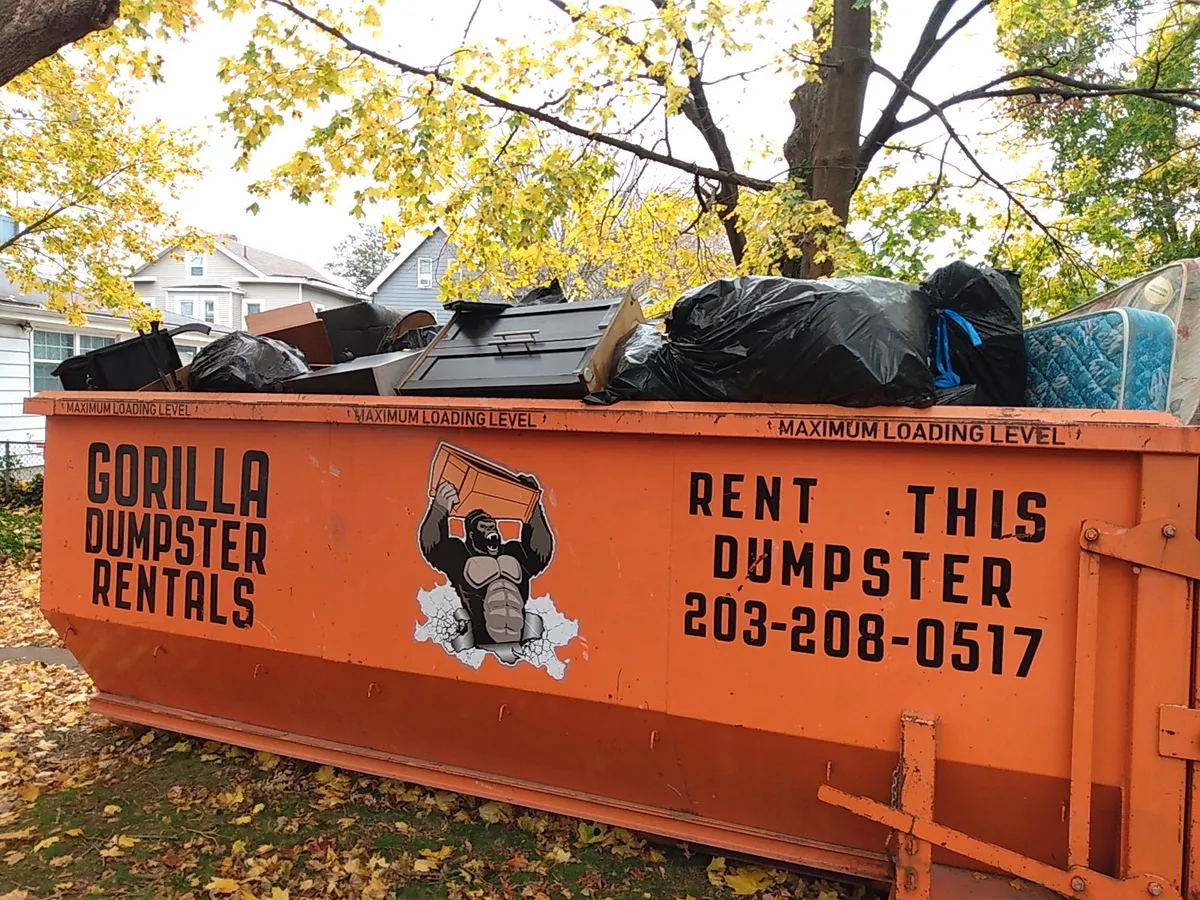 Unsafe dumpster loading with tree branches overflowing
